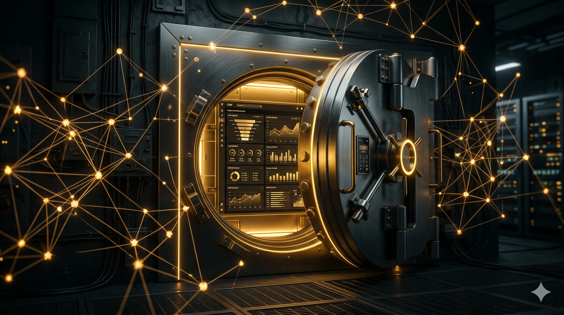 A glowing, partially open vault with a digital CRM dashboard visible inside