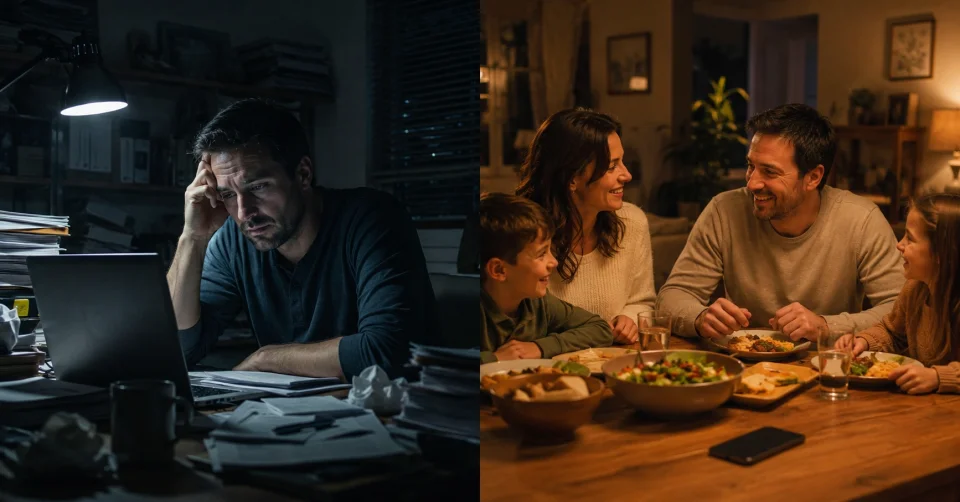 a tired solo agent stressed vs family warmth