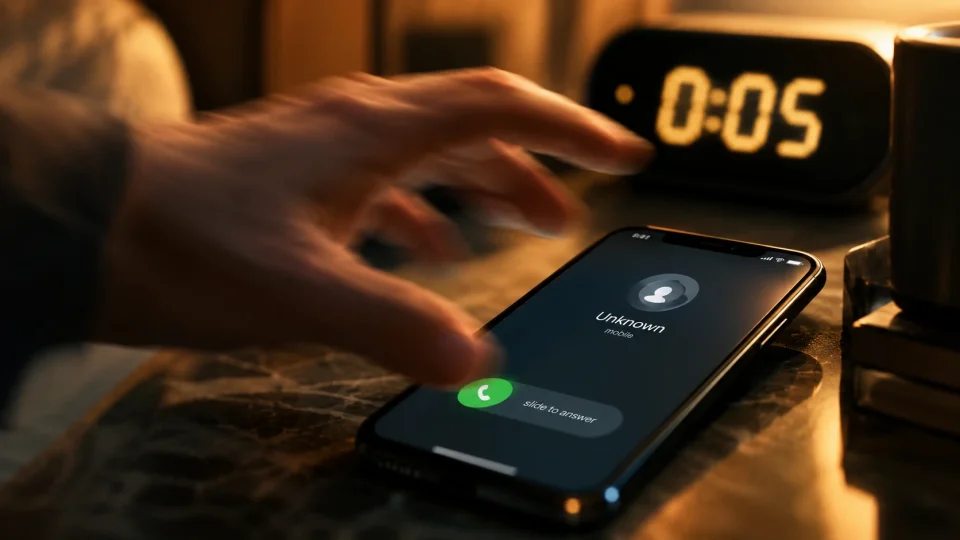 A close-up of a hand reaching to answer a glowing phone