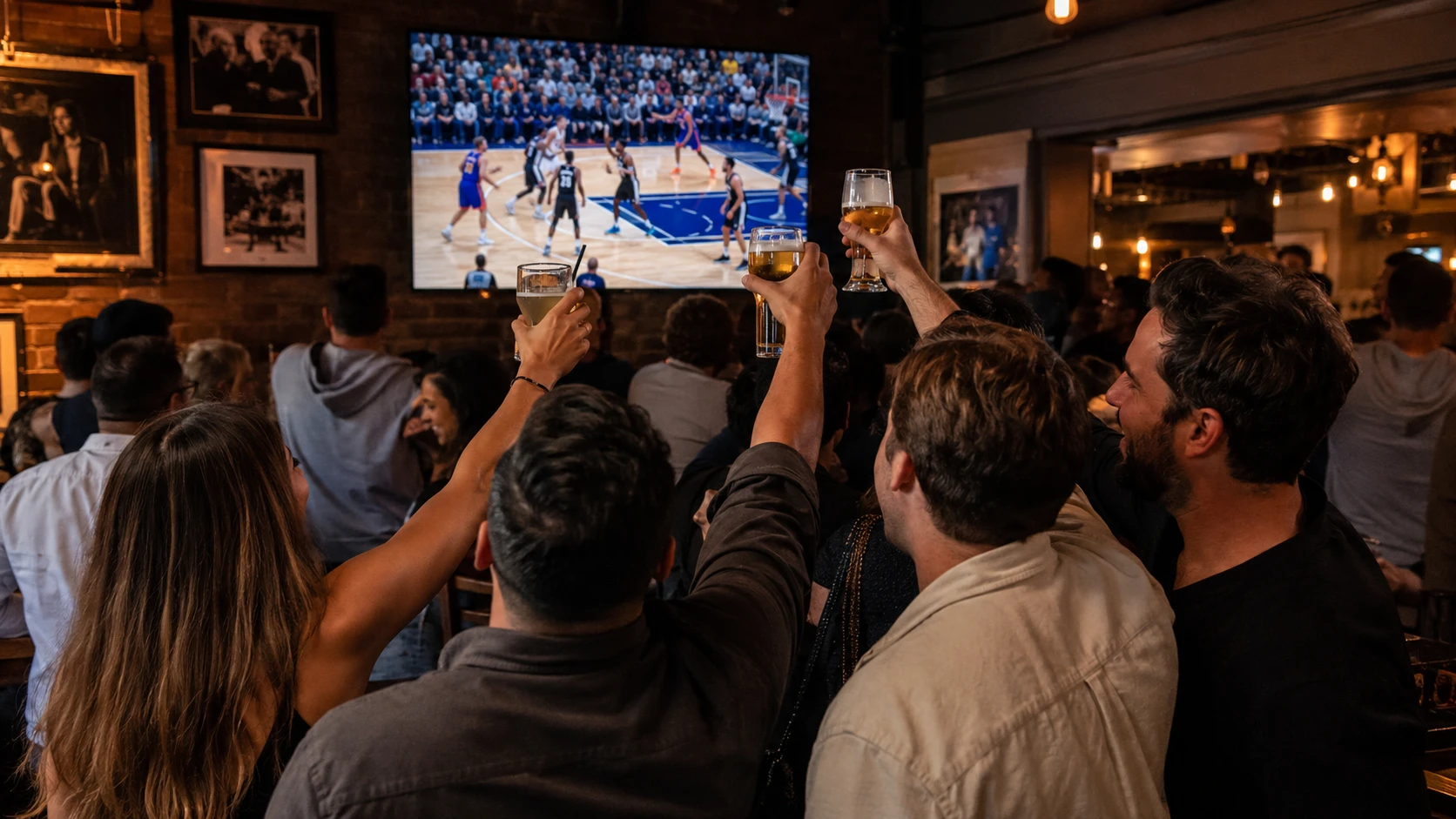 People in a crowded sports bar watching basketball
