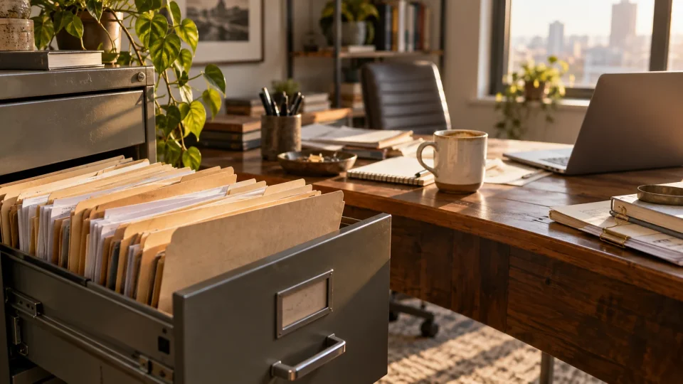 open metal file drawer beside a desk with a stack of manila client folders