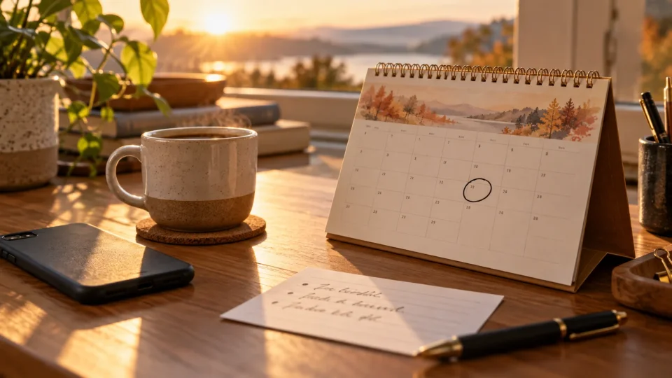 Early morning view of Desk with calendar and coffee