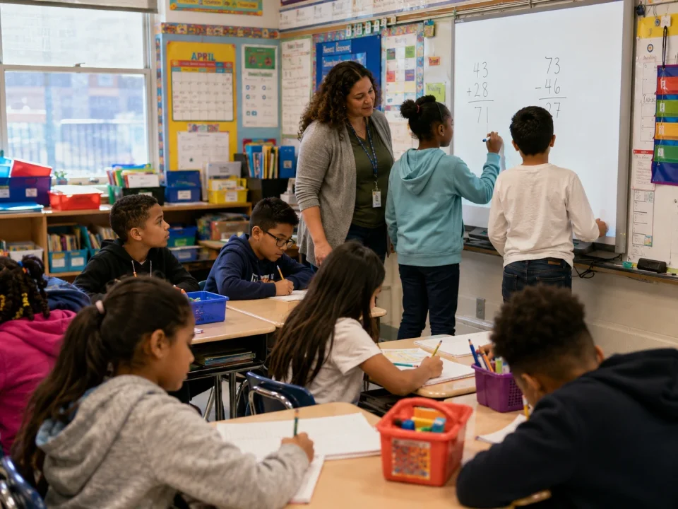 An elementary school classroom in New York City with young students working on math problems