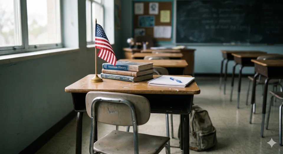 Clasroom Student Desk with Flag