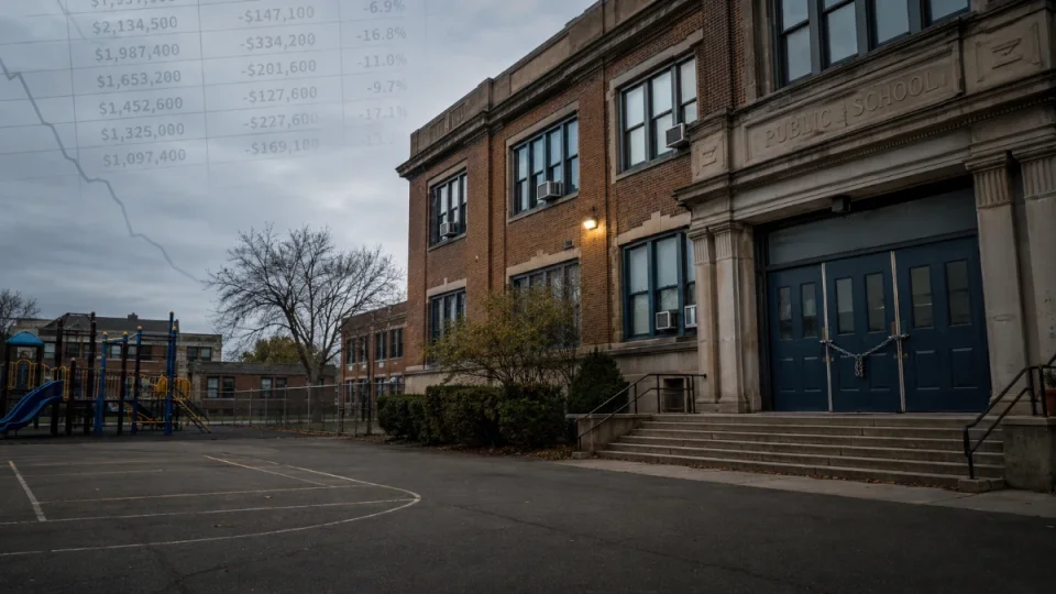 A wide-angle photograph of a New York State public school building exterior