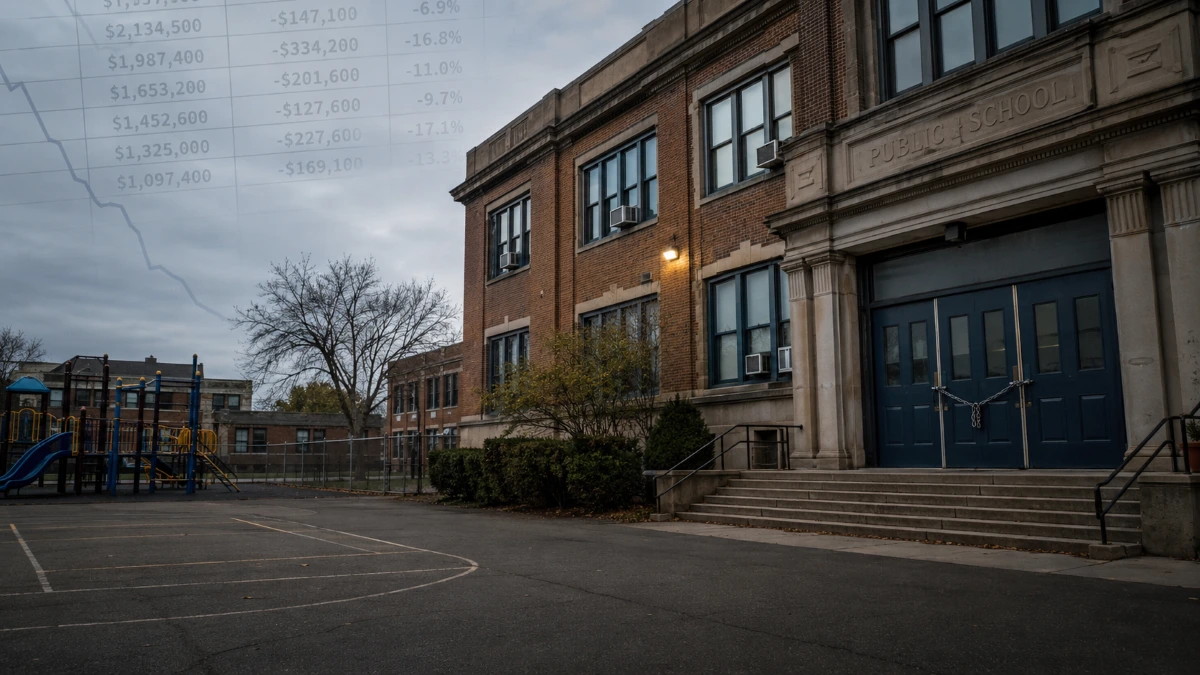 A wide-angle photograph of a New York State public school building exterior