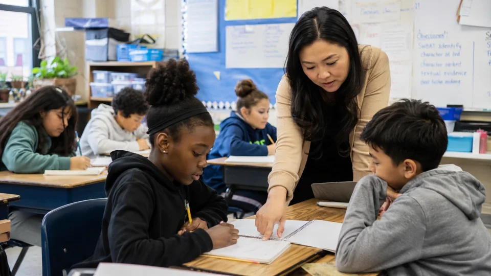a teacher working with students at their desks