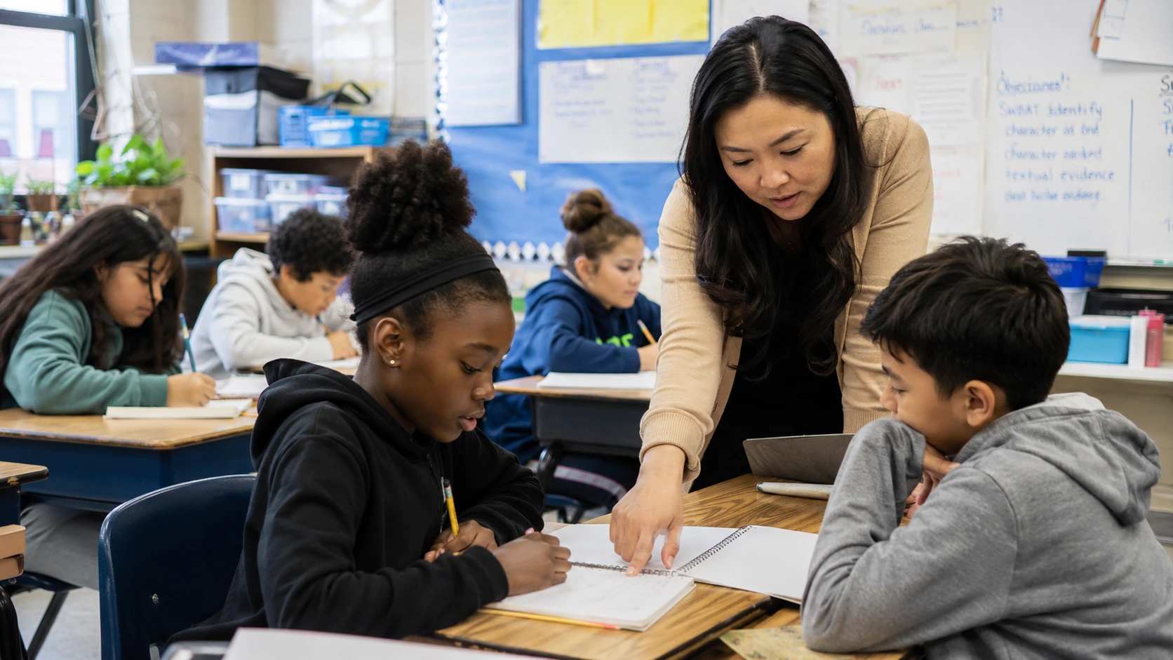 a teacher working with students at their desks