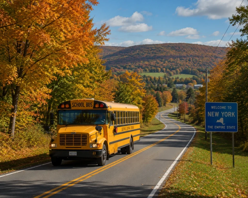 School Bus Autumn drive through New York countryside