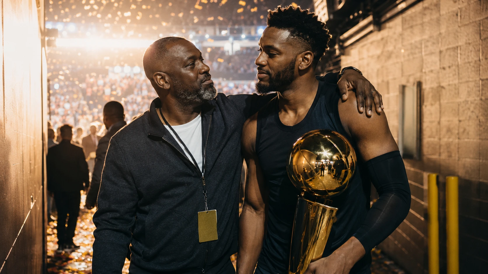 Father and Son Victory embrace in the tunnel
