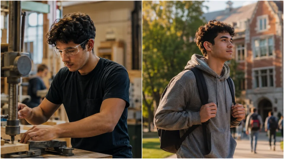 teen in a trade workshop and a college campus