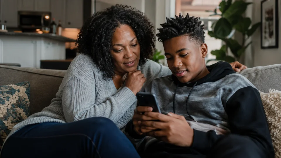 candid shot of a parent and teenager sitting together on a couch looking at a single phone screen
