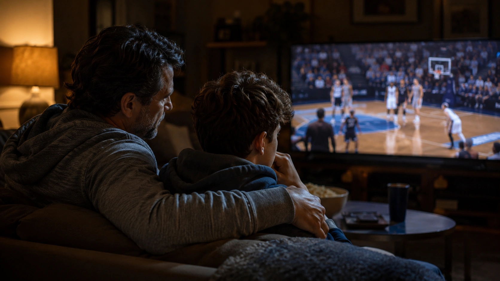 father and son watching a basketball game