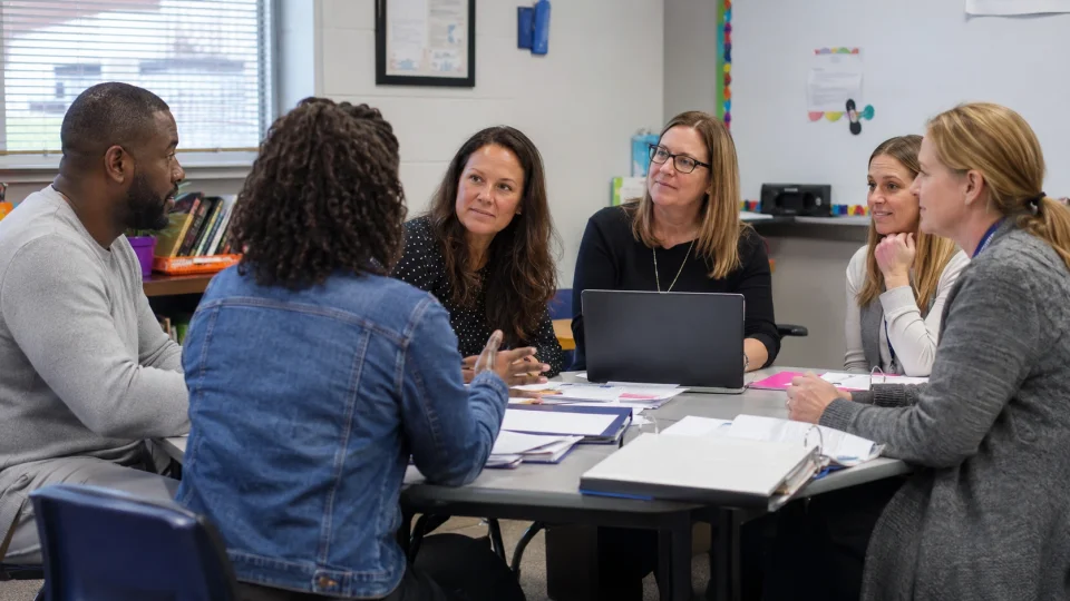 a family meeting with a special education committee, discussing their child's IEP