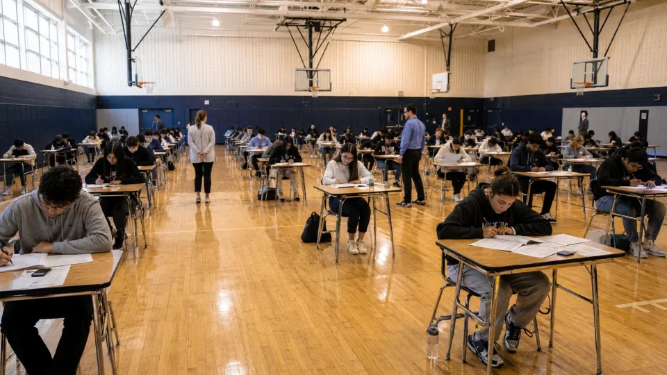 Students taking exams in gymnasium setting