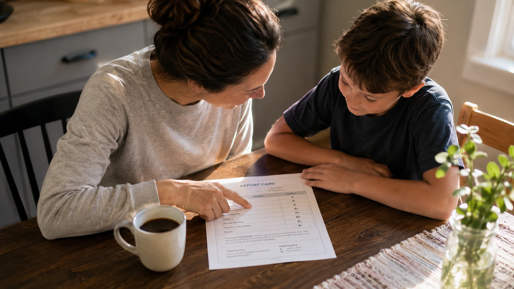 A parent and child reviewing report card