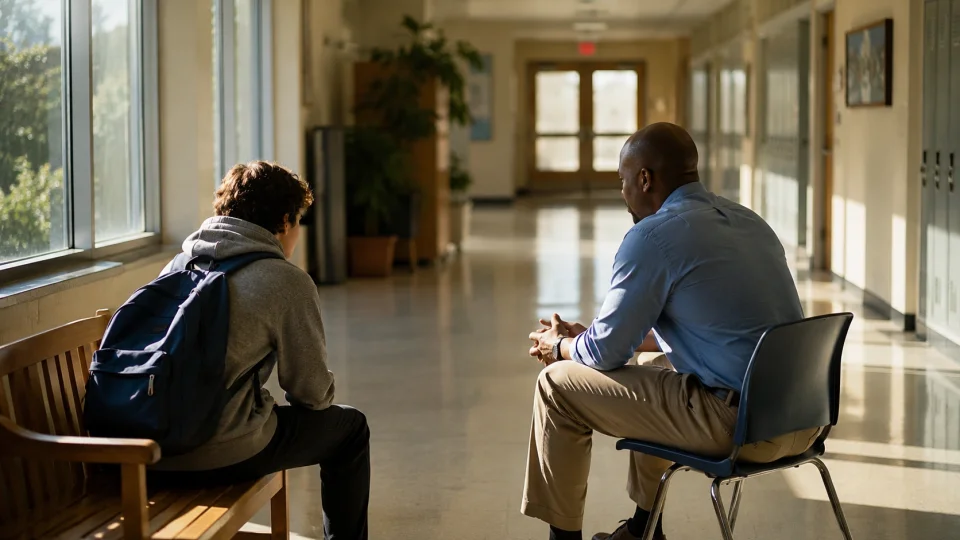 An adult mentor and a teenage student talking in a sunlit school hallway