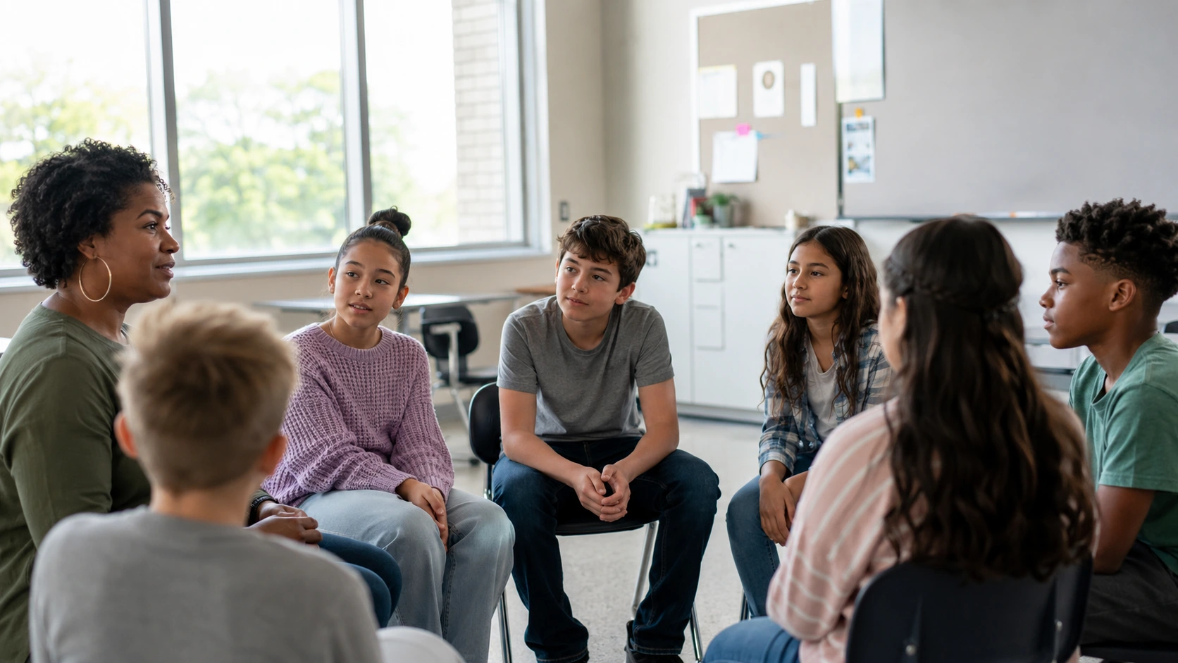 Diverse middle school students sitting in a discussion circle with a teacher