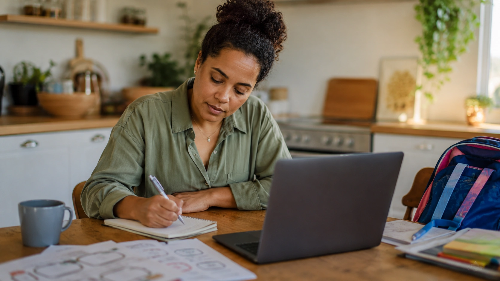 a parent sitting at a kitchen table handwriting a letter