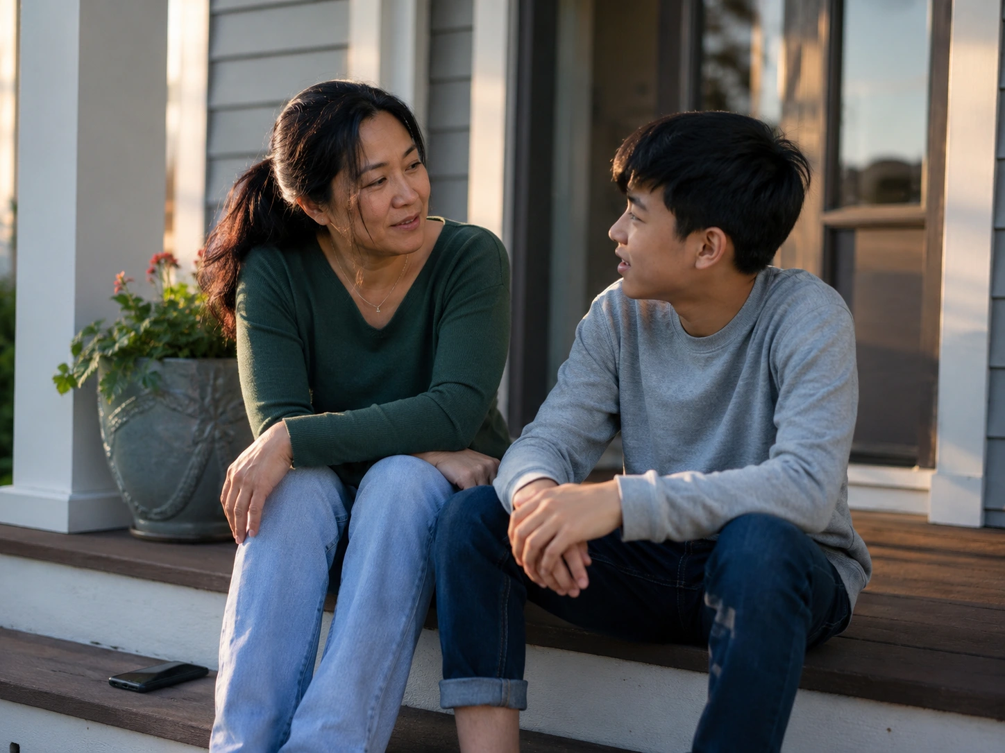 A mom and son sitting on a porch and talking