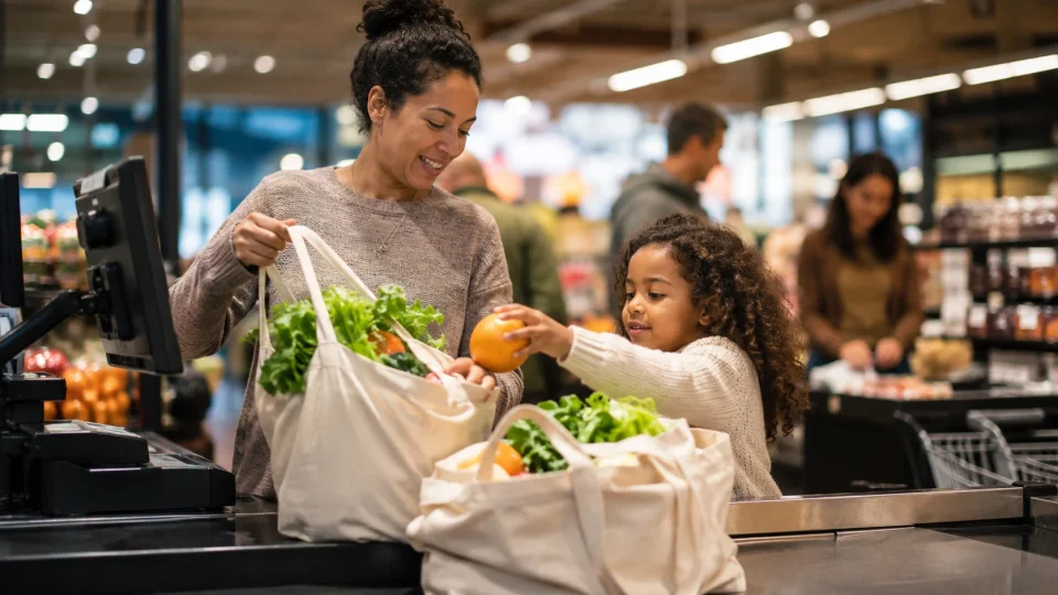 Grocery checkout with mother and child