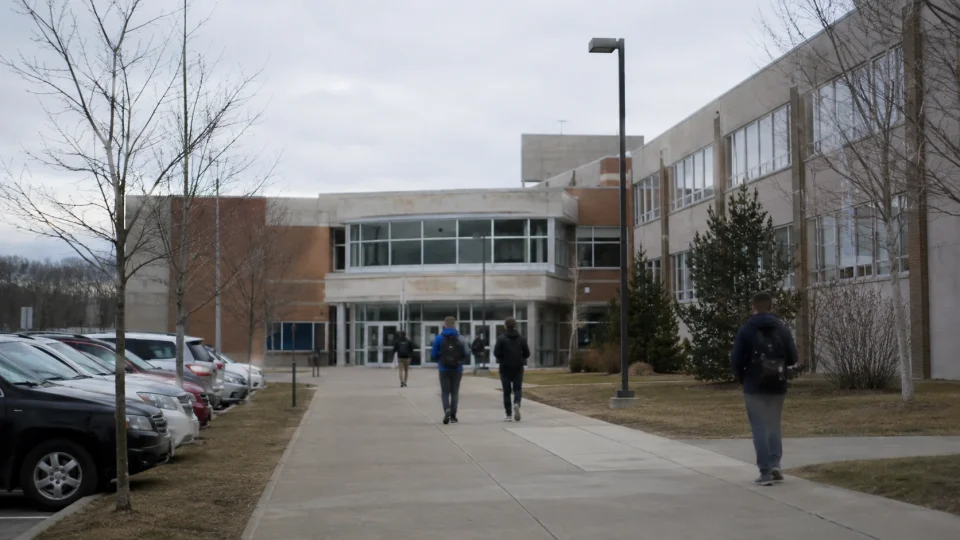 Modern building with walkway and pedestrians