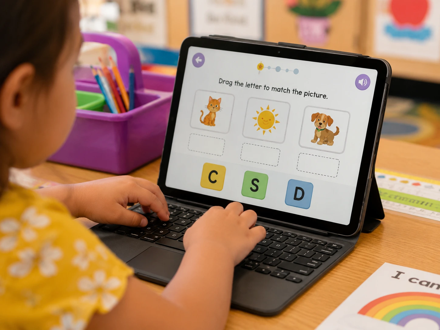 A young child on a classroom tablet