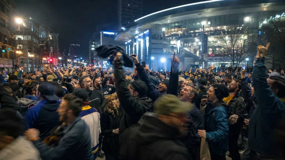 Nighttime city street outside a major arena, large crowd of sports fans celebrating