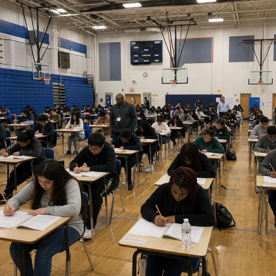 Students taking an exam in gymnasium