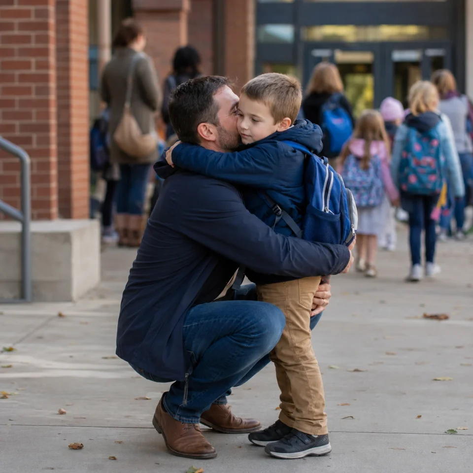 a parent crouched down hugging a young child goodbye outside a school entrance