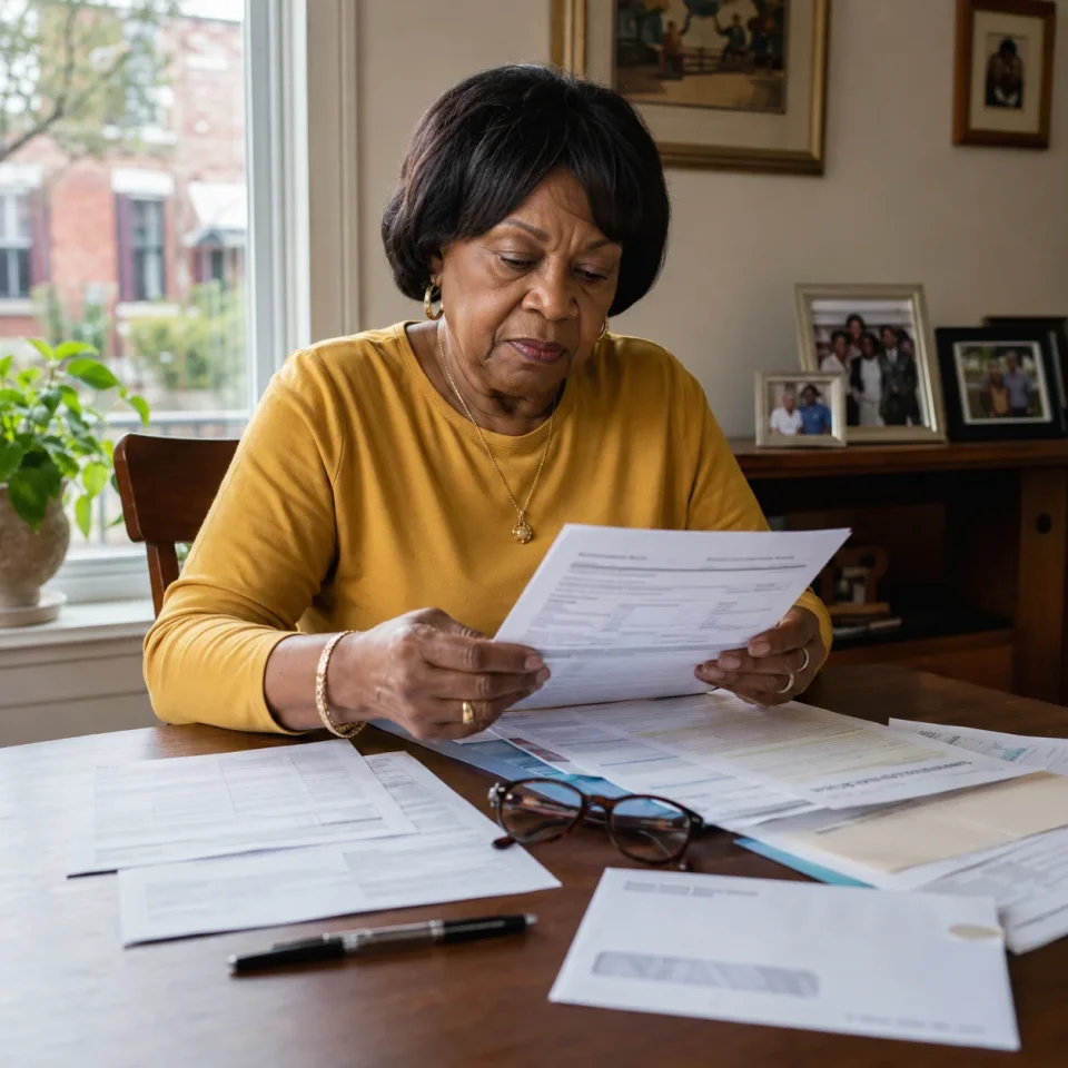 Black senior homeowner reviewing paperwork
