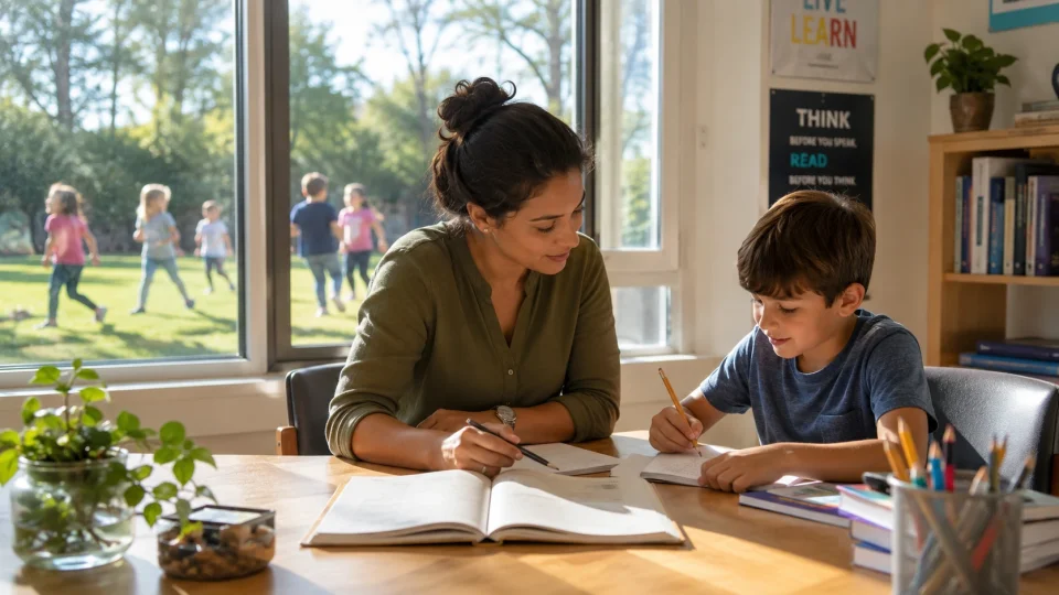 A child being tutored in a room that has views to outside where other kids are playing