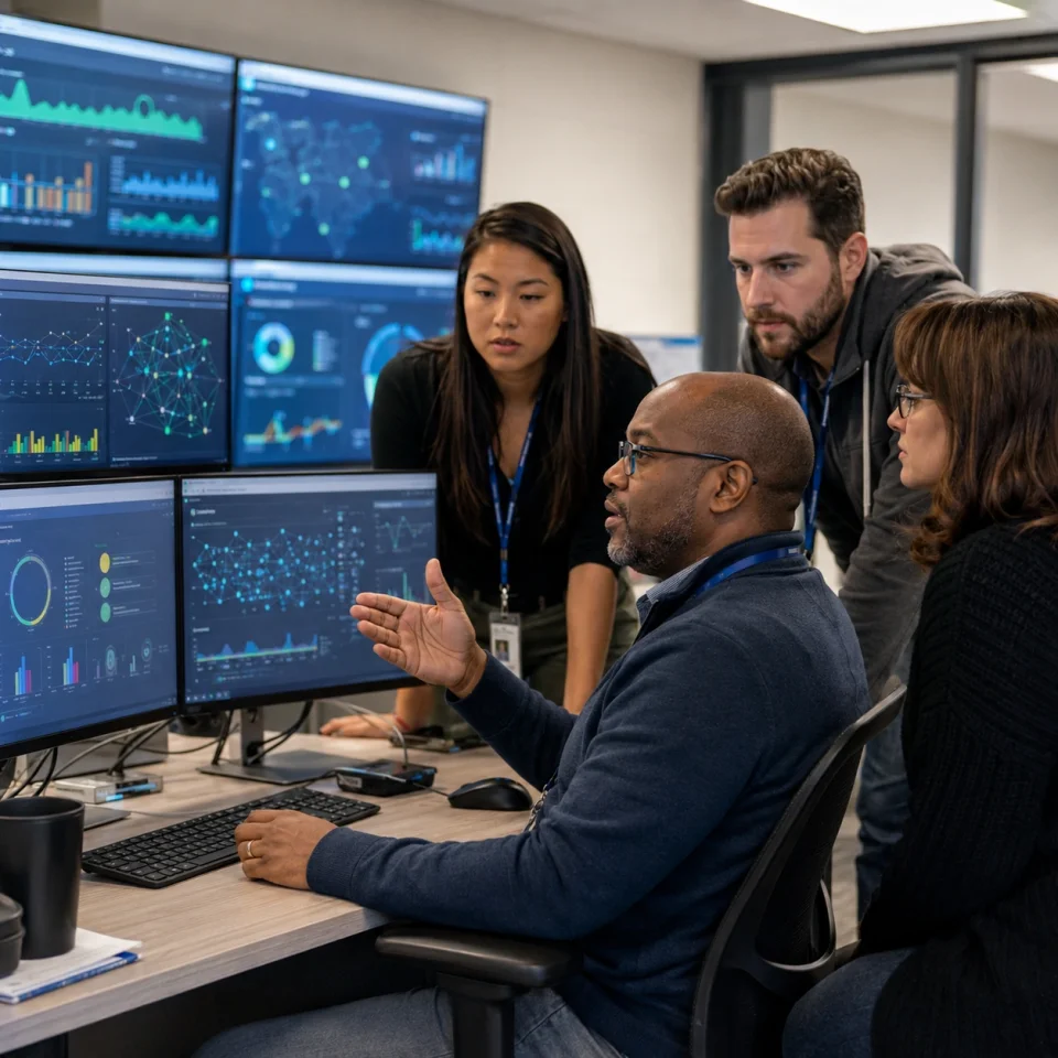 School technology professionals reviewing district network security