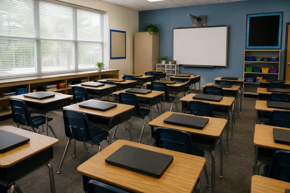 Modern classroom with laptops and desks