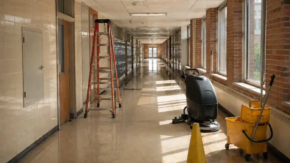 Empty school hallway with cleaning equipment