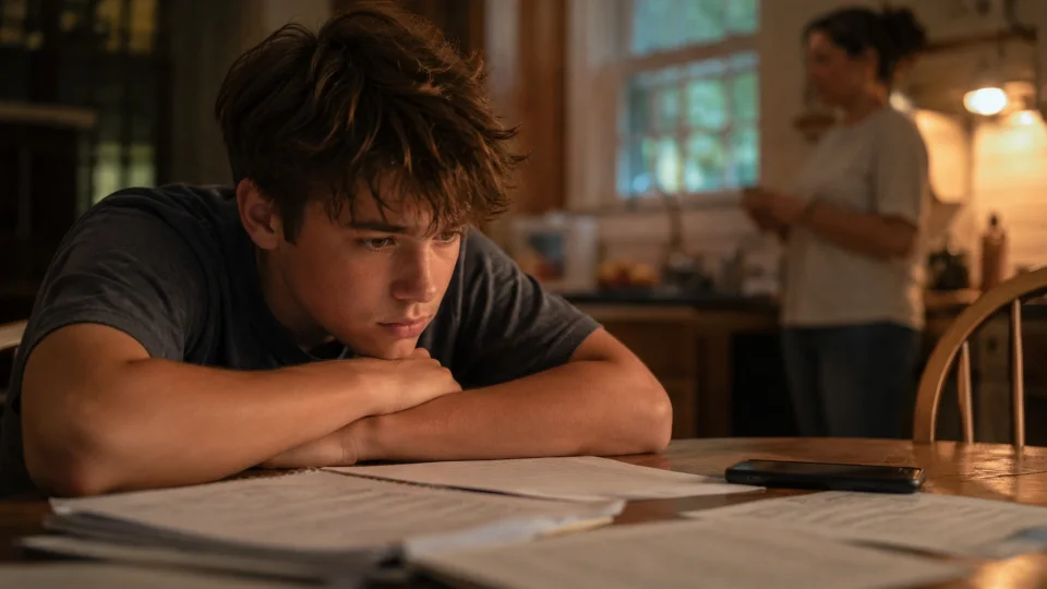 a teenager sitting quietly at a kitchen table