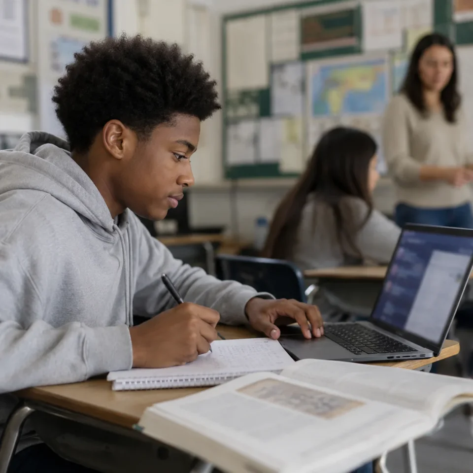student using an AI learning assistant on a laptop at a classroom desk