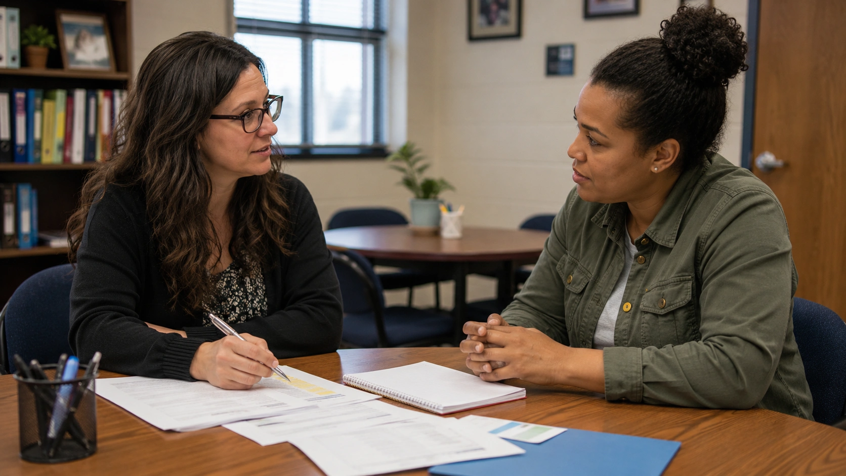 a parent and educator sitting at a school conference table discussing student support