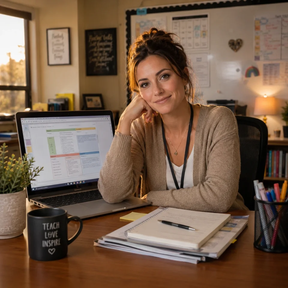 A teacher at a desk, laptop open to a lesson-plan