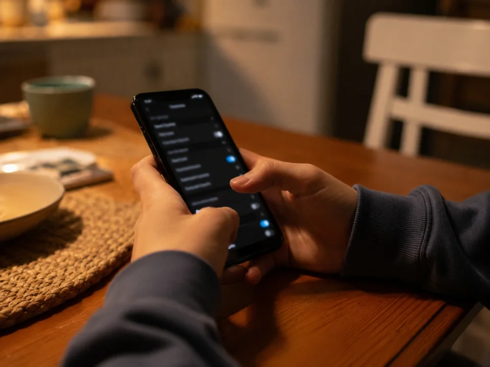 Kid's hand scrolling on a smartphone at home