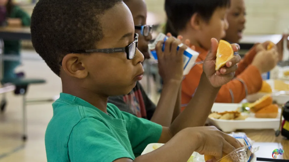 Kids eating school lunch