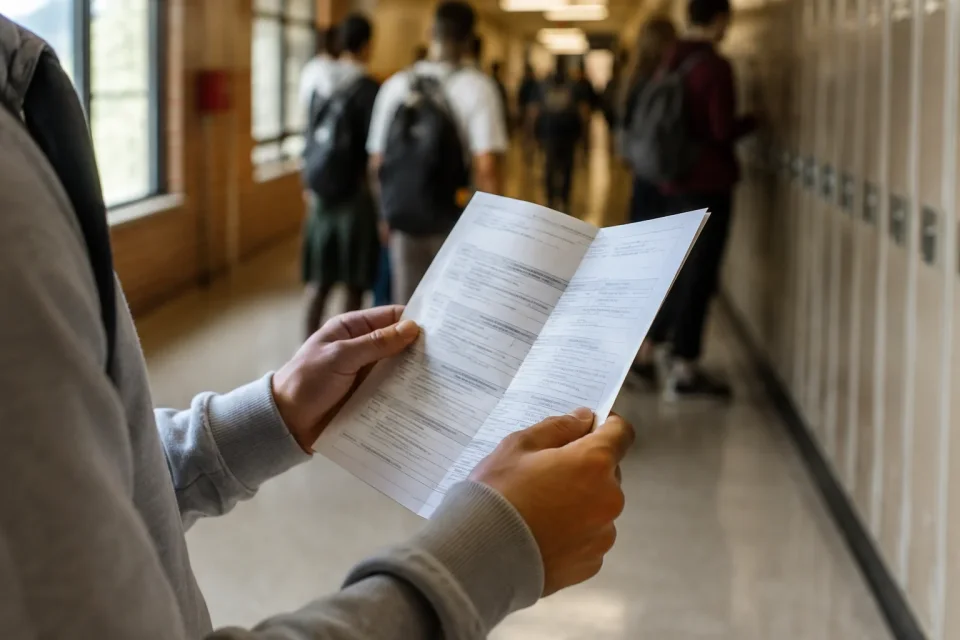 Student holding class schedule