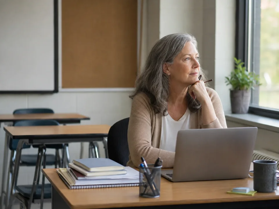Teacher at a desk with laptop open while staring out the window