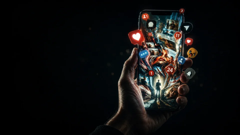 hand holding a phone whose screen glows with overlapping notification badges and comment bubbles