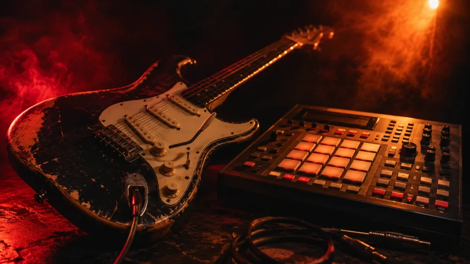An electric guitar and a classic hardware sampler resting together