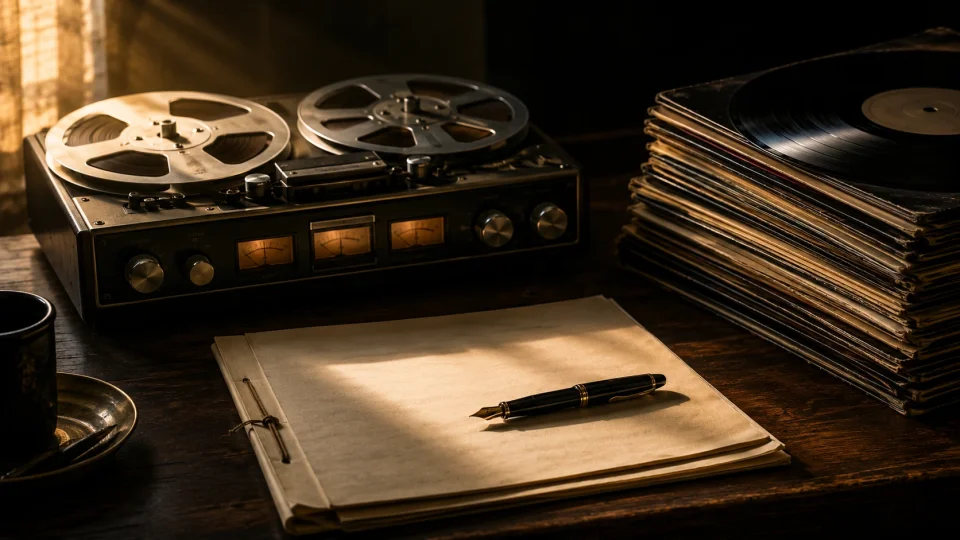 A vintage reel-to-reel master tape and a stack of vinyl records
