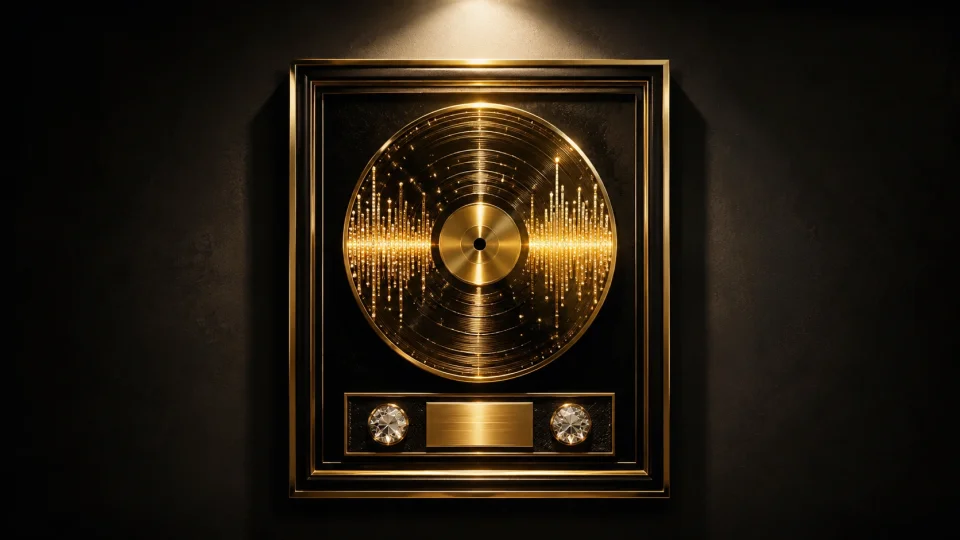 A framed diamond-and-gold record award plaque on a dark wall