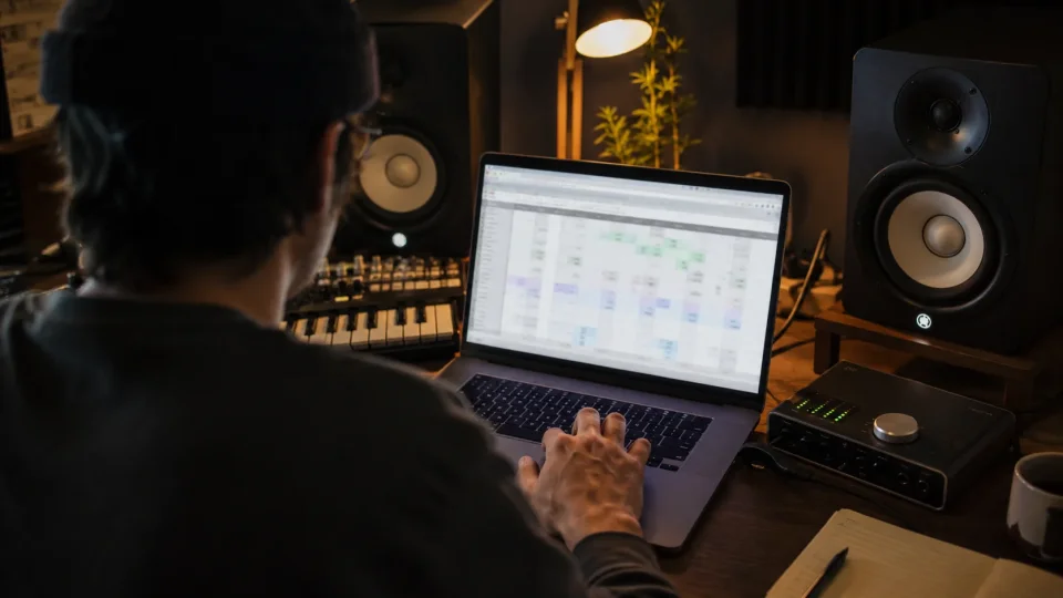 a person at a laptop in a small home music studio