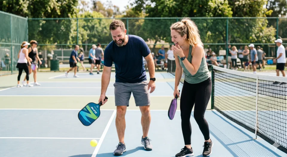 A candid, laughing couple on a pickleball court mid-game