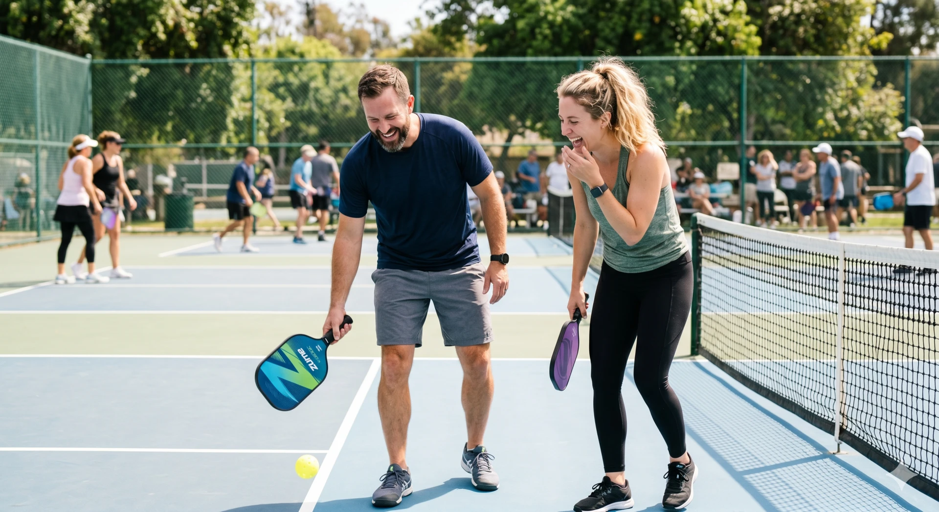 A candid, laughing couple on a pickleball court mid-game